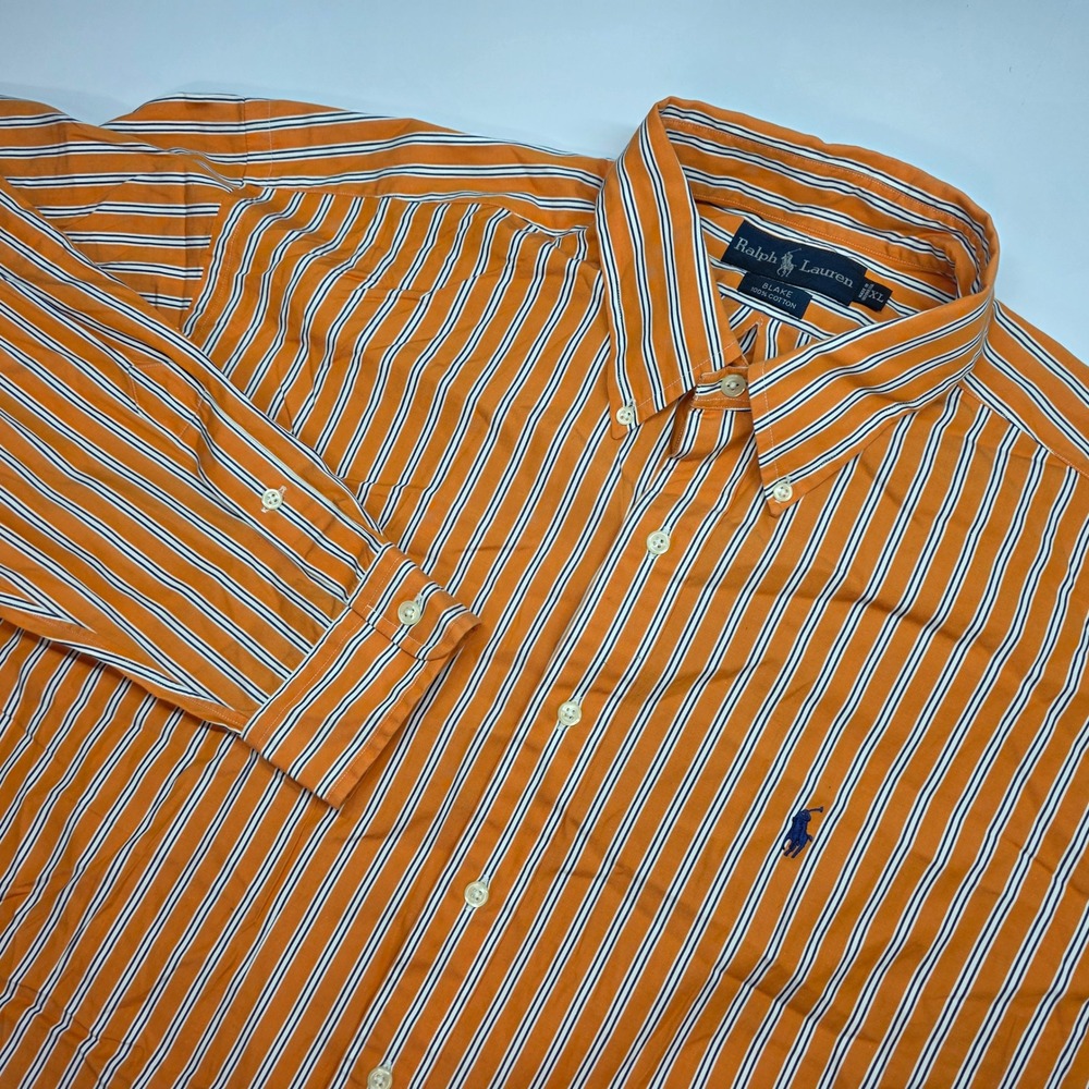 Ralph Lauren Blake Mens XL Orange White Striped Cotton Button Down Shirt L/S